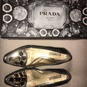 Prada snakeskin jeweled loafers